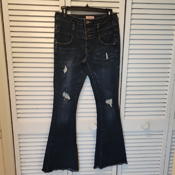 Rue21 Dark Blue Flare Jeans with Ripped Details - Picture 1 of 7